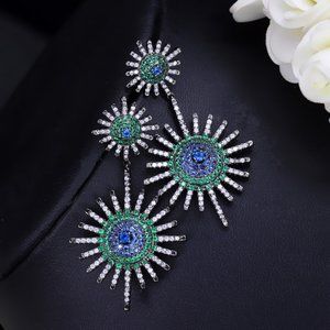 Cubic Zirconia Green Blue White Starburst Dangle Earrings NWT